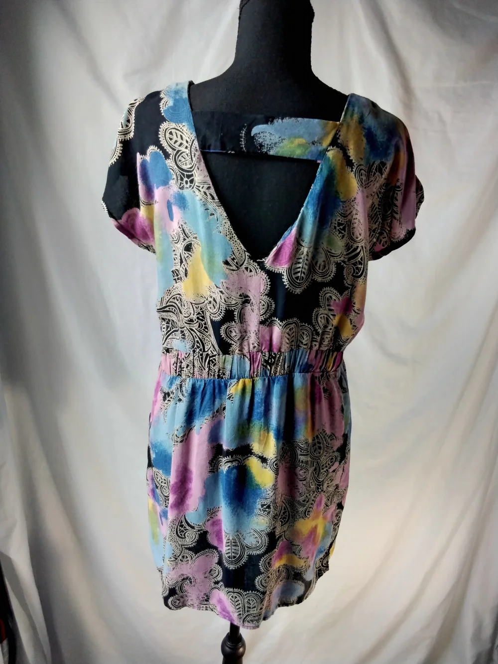 Angie Boho Mini Dress with Pastel Pink, Blue & Yellow Print